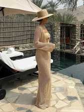Robe longue crochet beige –