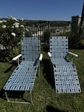Vintage PAIR of Blue & White Webbed Outdoor Lawn Folding Chairs Chaise Lounge