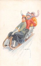 Old postcard illustrator / winter sports / tobogganing / snow