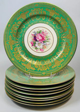 ROSENTHAL GORGEOUS RARE IVORY BAVARIA 9 pcs GREEN GOLD FLOWER DINNER PLATES 11"