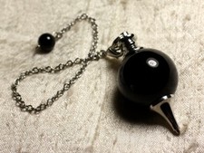 Pendule Métal Argenté Rhodium et Pierre semi précieuse - Obsidienne Noire Boule 