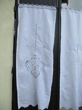 paire de rideaux coton blanc brodé main vintage 1980 1,6 m x 61 cm N° W