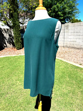 Eileen Fisher Silk Georgette Crepe Bateau Neck Long Shell Top Sz L Pine $218 NWT