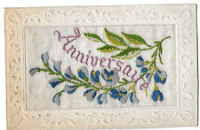 Old postcard embroidered blue flowers birthday 1919