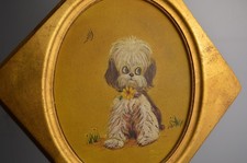 Vintage MCM Kitschy Dog Painting Shih Tzu on Canvas Gold Toned Diamond Framed