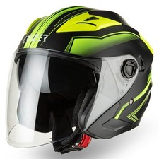 Casque Moto Scooter Jet Cruizer Approuvé Double Visière Noir Mat Jaune Fluo