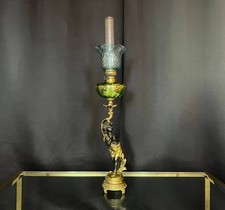 19th Century Bronze and Enamelled Glass Oil Lamp, Putto Decor