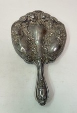 Art Nouveau Silver Plate Hand Mirror Floral Motif 