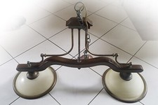 Grand Lustre ancien (1,10m) suspension Laiton Bois pour table billard 2 Coupoles