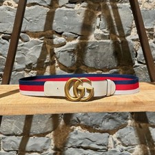 Gucci White Leather Web Double G Belt - XL