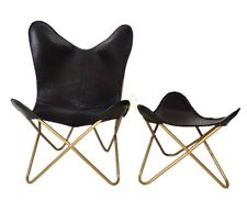 Chaise Longue Papillon En Cuir Noir Fait Main Indienne Avec Poufs