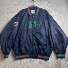 VTG Miami Dolphins Jacket Men Large Blue Logo Athletic Satin Bomber Spellout 90s