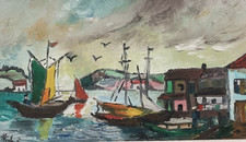 HST SUPERBE PEINTURE SCENE ANIMEE MARINE FAUVISTE 1950 SIGNATURE A DECHIFFRER