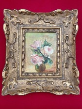 Grequel painting Cagnes-sur-Mer oil pink flowers antique gold frame