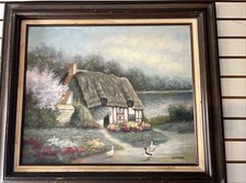Domina signed  oil painting Home and duck walk  framed 31” X 27.5