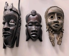 3 Masques Art Africain (Bois Et Metal) Art Déco Sculpture 
