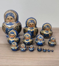 POUPÉES RUSSES  BLANC- BLEU 14 PIÈCES   MATRIOCHKA PEINTE