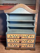 Vintage Wood Hutch Buffet Furniture 3 Drawers Teal Floral Hand Painted Mini J1