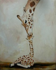 Tableau original de Caillon 50x40 cm "Tendrement" girafe girafon bébé