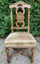 *** CHAISE EN BOIS SCULPTÉE TAPISSÉE VELOURS DE LIN TBE ***
