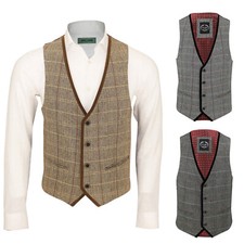 Hommes Vintage Tweed Carreaux Fauve Marron Gris en Épi Velours Bord Rétro Gilet
