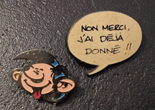 Pin’s Lot of 2 Comics DA Humor Gaston Lagaffe No Thank You I Already Donated!! (132)