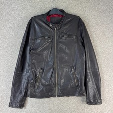 Superdry Mens Real Leather Biker Jacket XXL Black Red Lining Winter