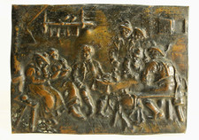 = Antique Tyrolean Tavern Bucolic Scene Copper Alloy Embossed Plaquette