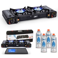 2 à Flamme Cuisinière de Camping Extérieur Gaz Plaque Gril + 4x Cartouche Gas