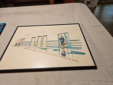 MID CENTURY MODERN ARTIST SIGNED PERSPECTIVE WATER COLOR OF OFFICE INTERIOR