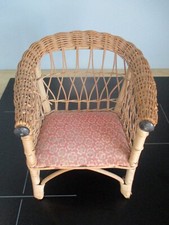 SMALL ANTIQUE FABRIC SEATED RATTAN DOLL/WICKER CHAIR