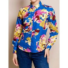 Sezane Gran Fornia Blue Pink Floral Pierro Shirt Long Sleeve Cotton Size 46 / 14