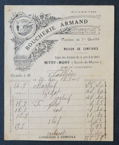 Facture 1926 boucherie armand - 1926,