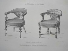 Office chairs old wood ENGRAVING the FURNITURE STORE Victor QUETIN 19th century
