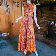Vtg 60s Psychedelic Mod Hippie Hostess Gown Palazzo Pants Culotte Jumpsuit S/M