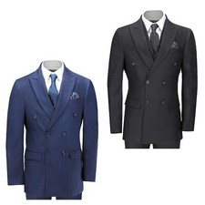 Homme Noir Marine Double Boutonnage Costume 3 Pièce Coupe Ajustée Pic Pins Veste