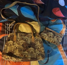 NEUFS MAGNIFIQUE SAC ET PORTE FEUILLE TOILE CHIOTS LABRADORS MARRON 