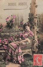 CP GOOD YEAR WOMAN ELEGANT IN ARMCHAIR ROSES FLOWERS - 36232