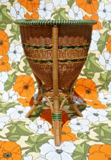 ANTIQUE TRICOLOR BRAIDED RATTAN WORKER BASKET circa 1920