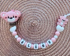 😻 Attache tetine personnalisée Ourson rose silicone 