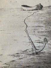 Belle Gravure Bateau Ancre Marine Eau Forte 1980 Mer Estampe Barque Pêche Océan