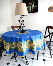 FRENCH PROVENCAL COTTON 71" ROUND TABLECLOTH "MIMOSA on BLUE" - Made in France