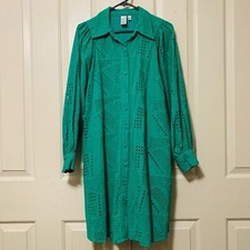 YAS 100% Cotton Green Broderie Shirt Dress Long Sleeves Womens Size Medium