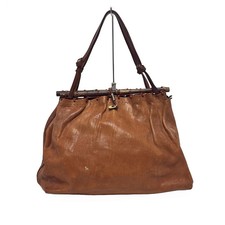 Auth HENRY CUIR - Brown Dark Brown Leather Wood Handbag