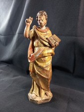 Statuette Evangeliste Bois Sculpté Peint Polychrome Doré XVIII Siècle Catholique