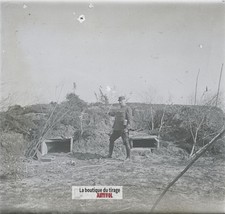 Secteur de tranchées, abris WW1, plaque verre photo ancienne stéréo 6x13 cm