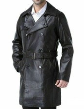 Homme Cuir Genou Longueur Trench-Coat Souple Peau D'Agneau Slim Fit Ceinture