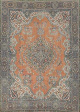 Tapis De Salon Vintage En Laine Orange/Gris Traditionnel Fait Main 10x13