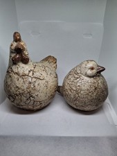Rare Pair Cracked Ceramic French Athezza Chicken Hen Statues Farmhouse Figurines