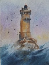 Aquarelle originale signée paysage de Bretagne "Phare  La Vieille"